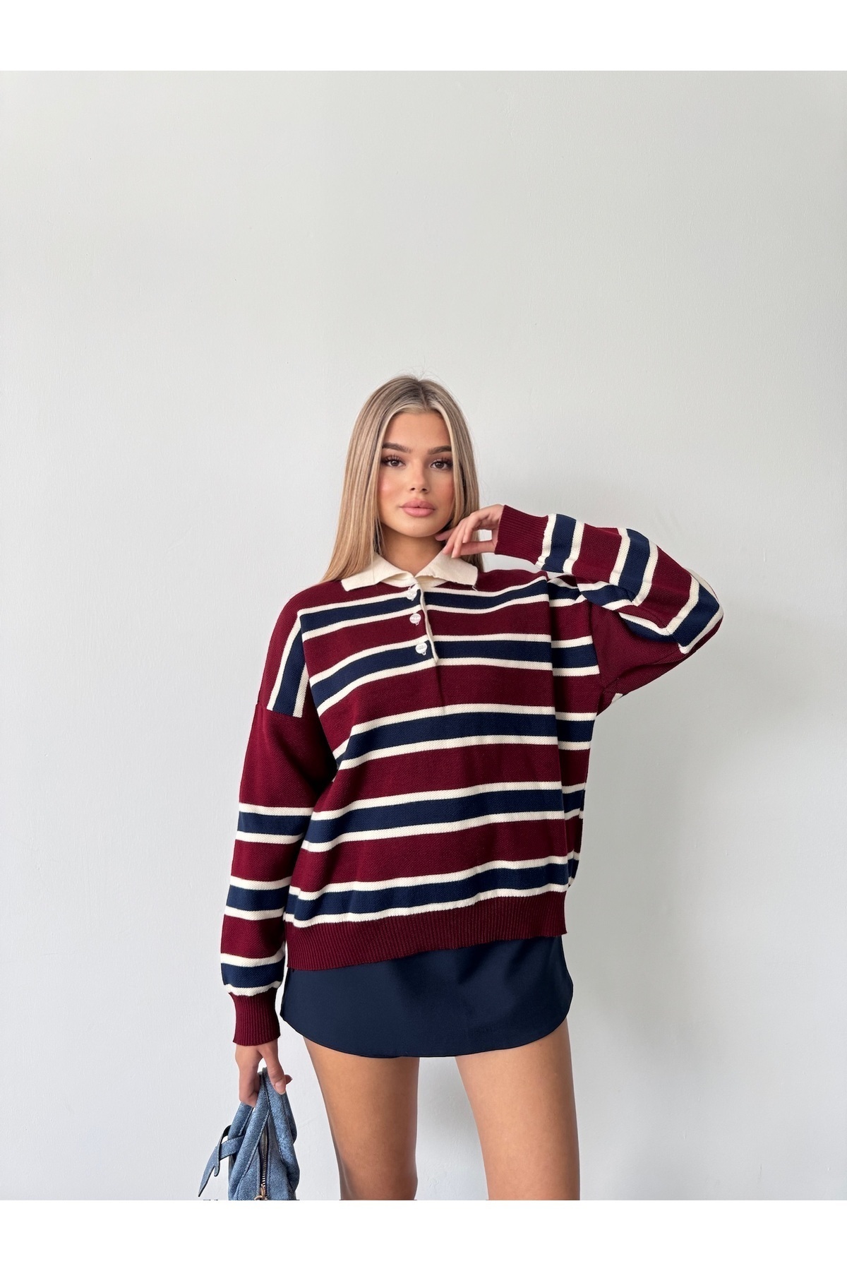 Pollux Çizgili Düğmeli Polo Yaka Kadın Triko Kazak
