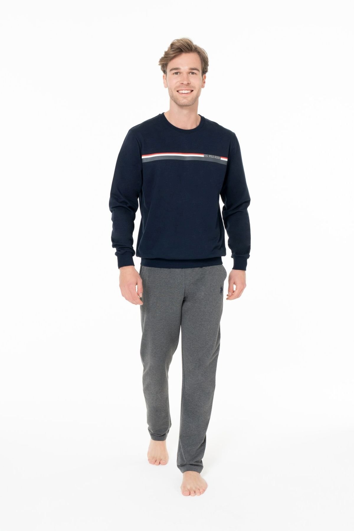 یو اس پولو ست لباس خواب مردانه یقه گرد آستین بلند سرمه‌ای مدل 18925B