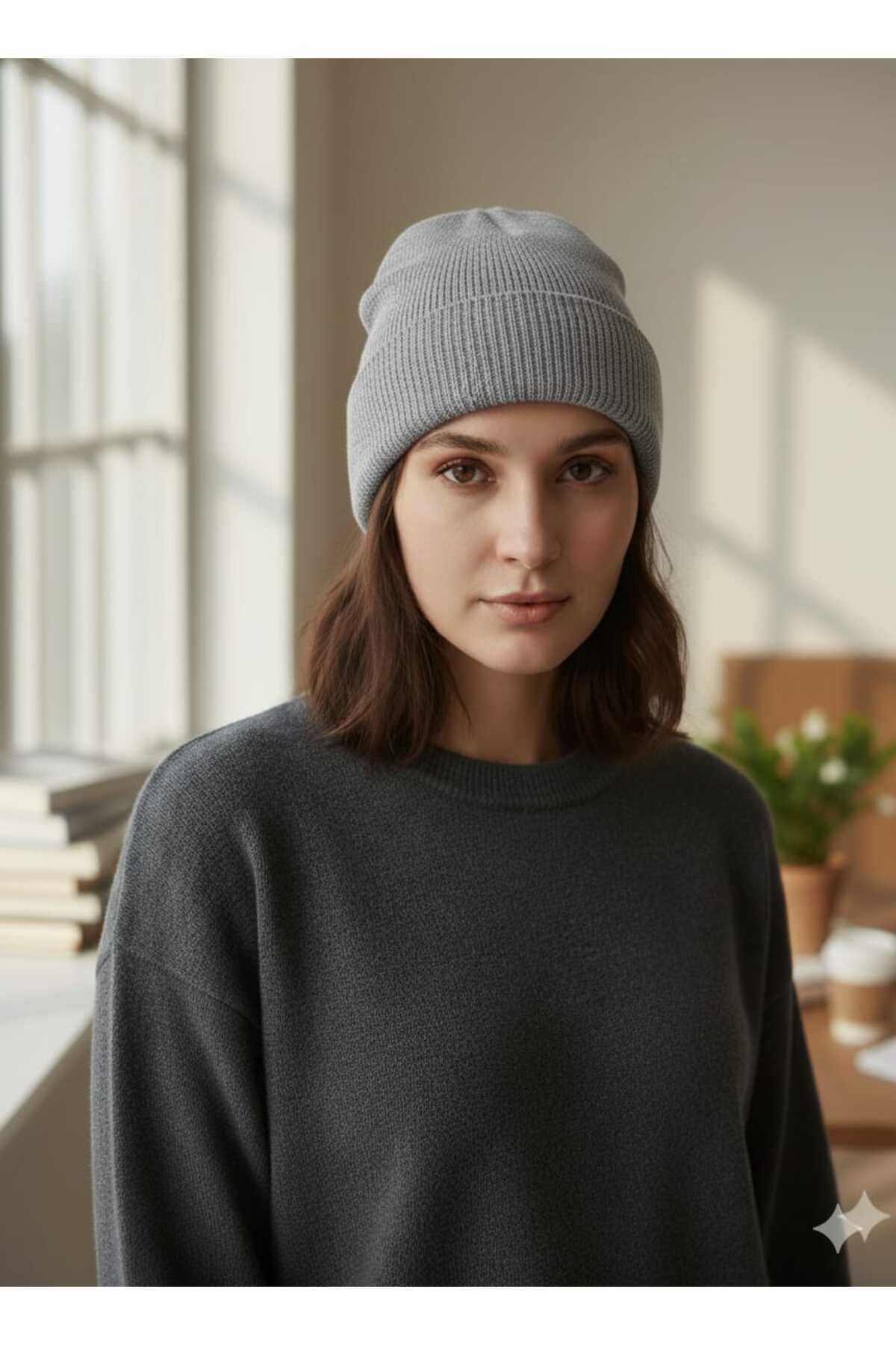 OMASMAN Unisex Basic Gri Bere Katlamalı Standart Kalıp Atkı Şapka