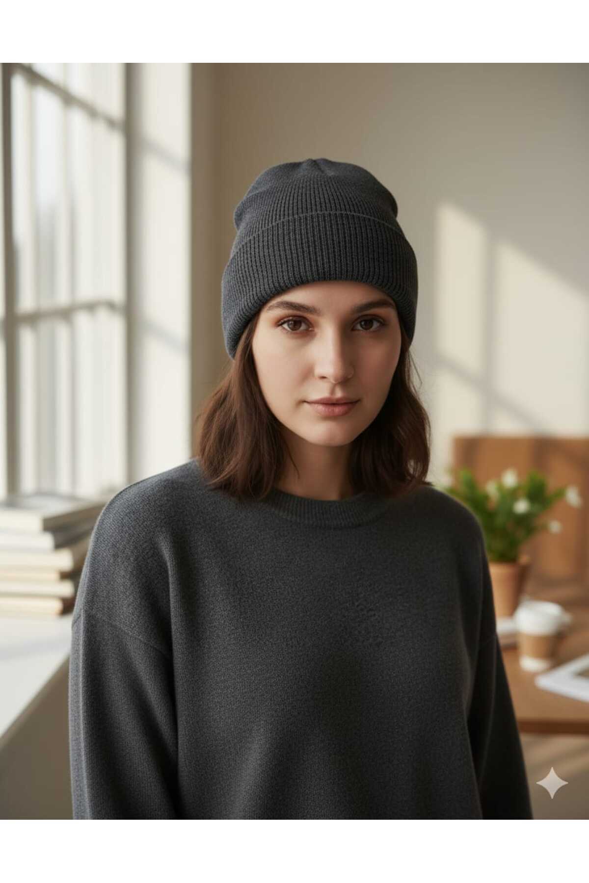 OMASMAN Unisex Basic Antrasit Bere Katlamalı Standart Kalıp Atkı Şapka