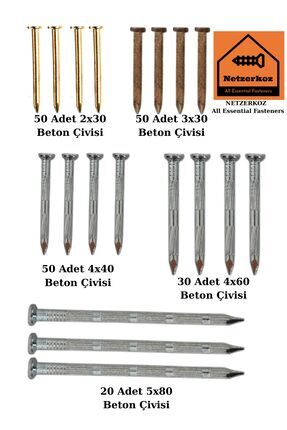 Netzerkoz 200 Adet 5 Çeşit Beton Çivisi Seti -Galvanizlenmiş Dayanıklı Çelik ...