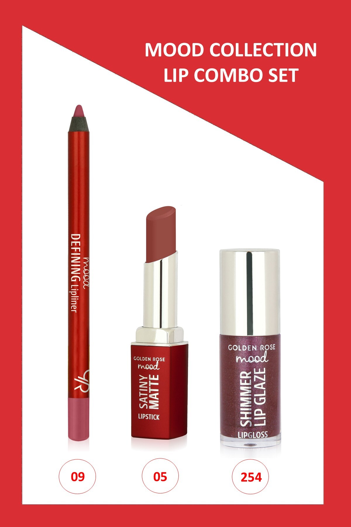 Golden Rose Mood Lip Combo Set - Dudak Kalemi No:09 -Mat Ruj No:05 - Dudak Parlatıcısı 254 - Fiyatı, Yorumları