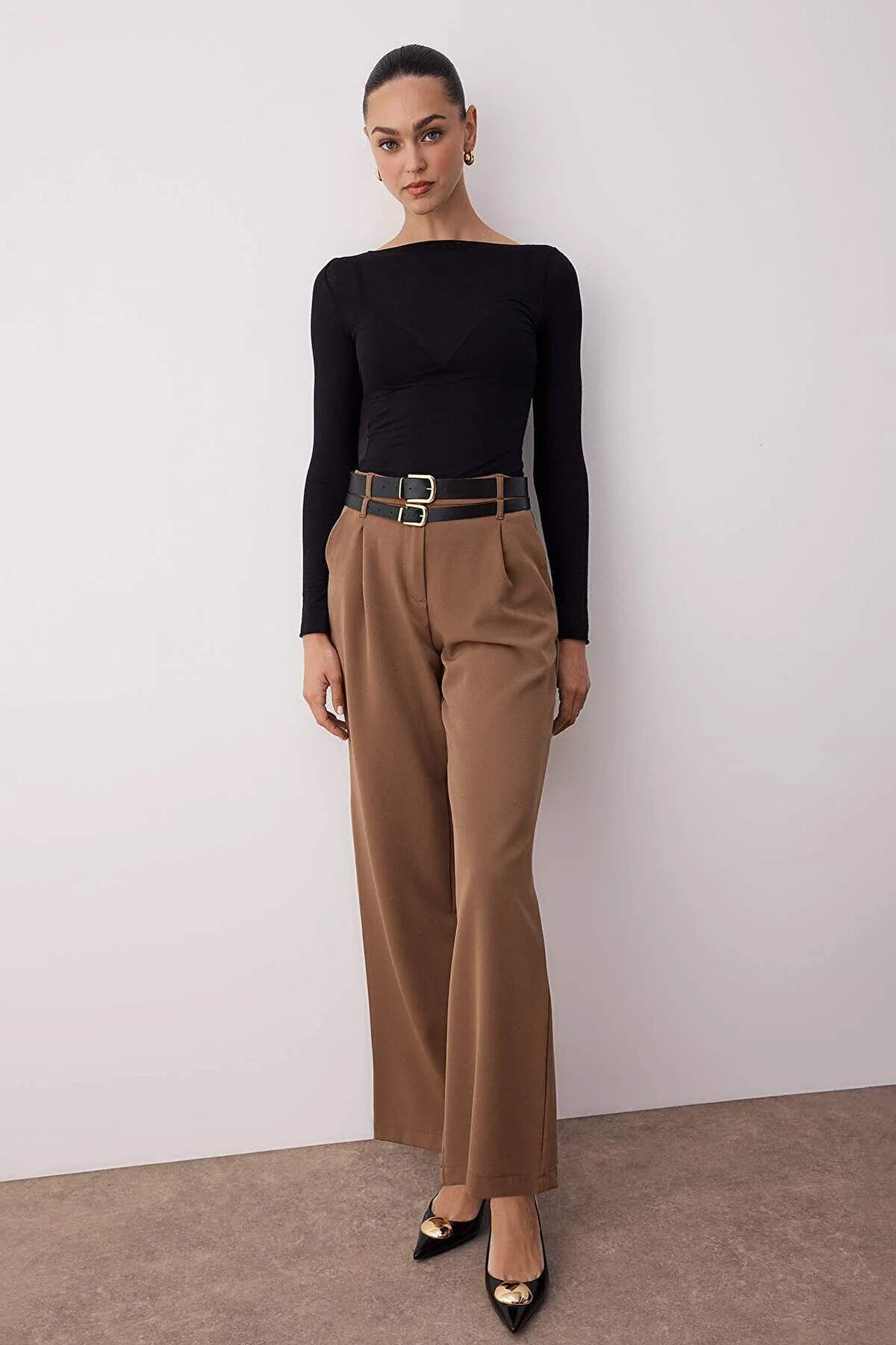 Trendyolmilla  Vizon Çift Kemer Detaylı Wide Leg/Geniş Paça Pantolon TWOAW26PL00013 - Görsel 3