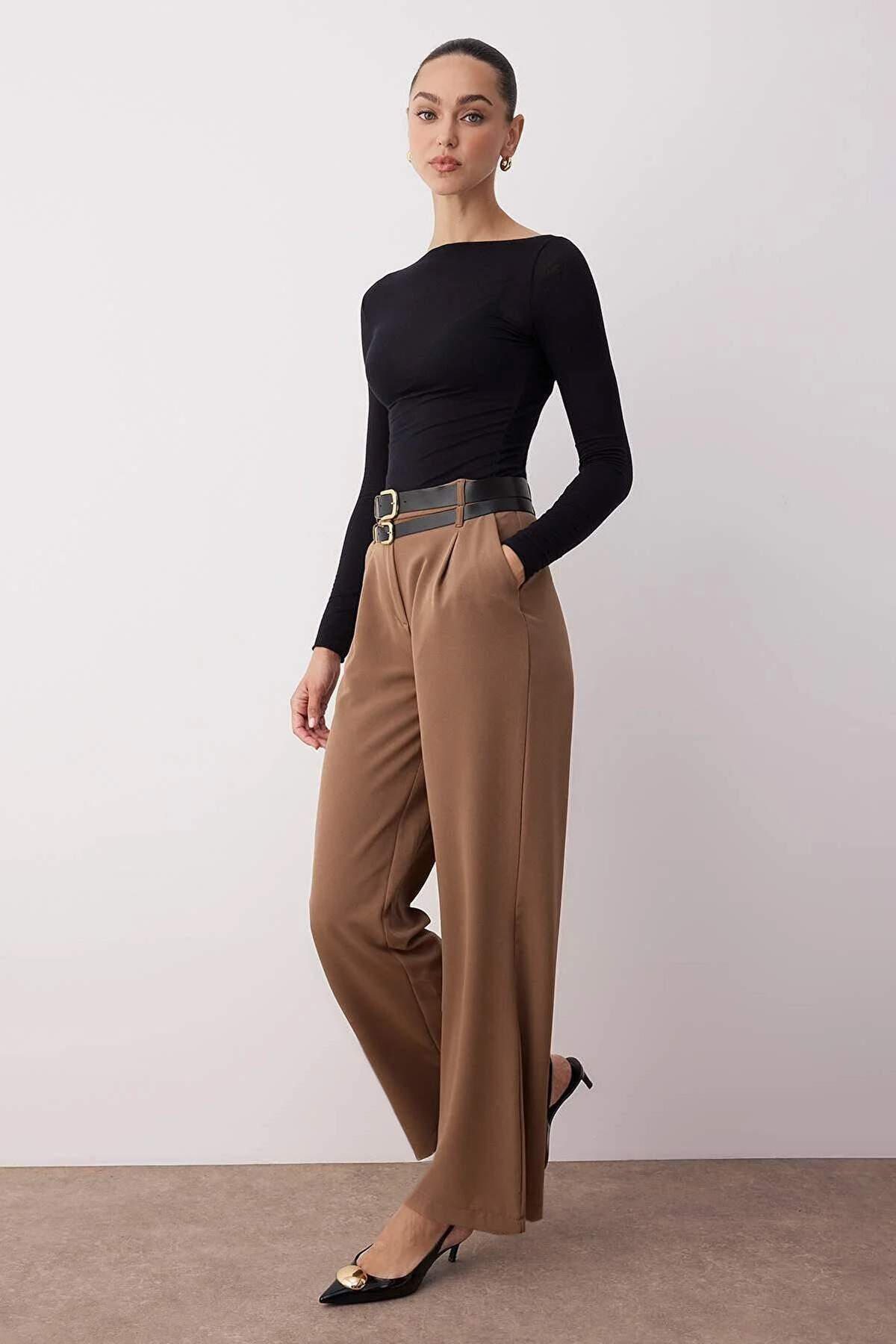 Trendyolmilla  Vizon Çift Kemer Detaylı Wide Leg/Geniş Paça Pantolon TWOAW26PL00013 - Görsel 2