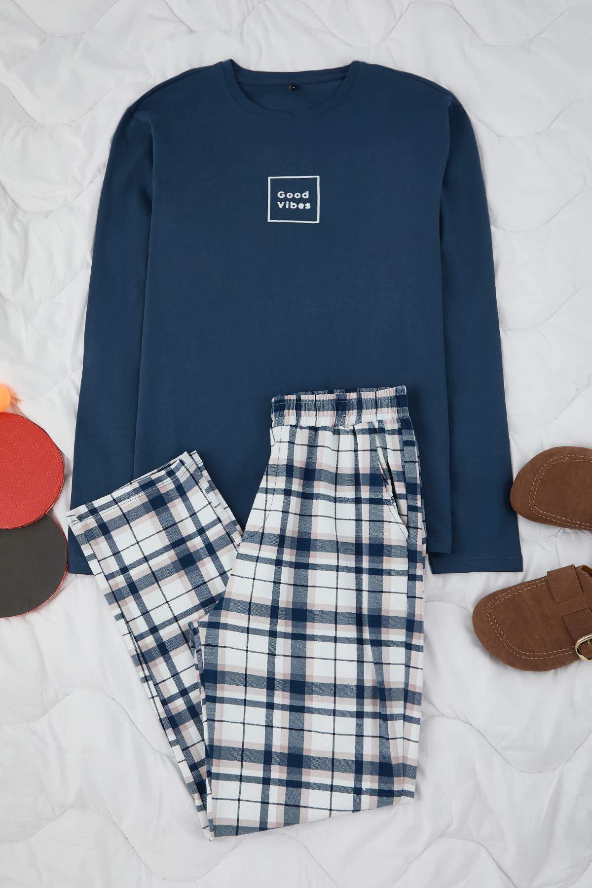 ست لباس خواب مردانه چهارخانه سرمه‌اي  trendyolmilla man