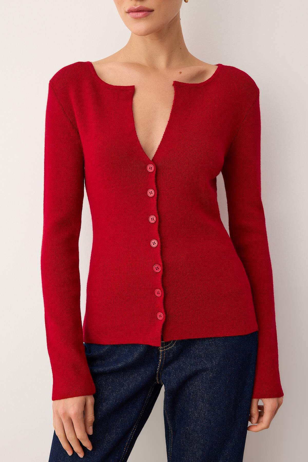 Trendyolmilla  Kırmızı Premium İplik/Özel İplik Fitted/Vücuda Oturan Yünlü Triko Hırka TWOAW26HI00046 - Görsel 3