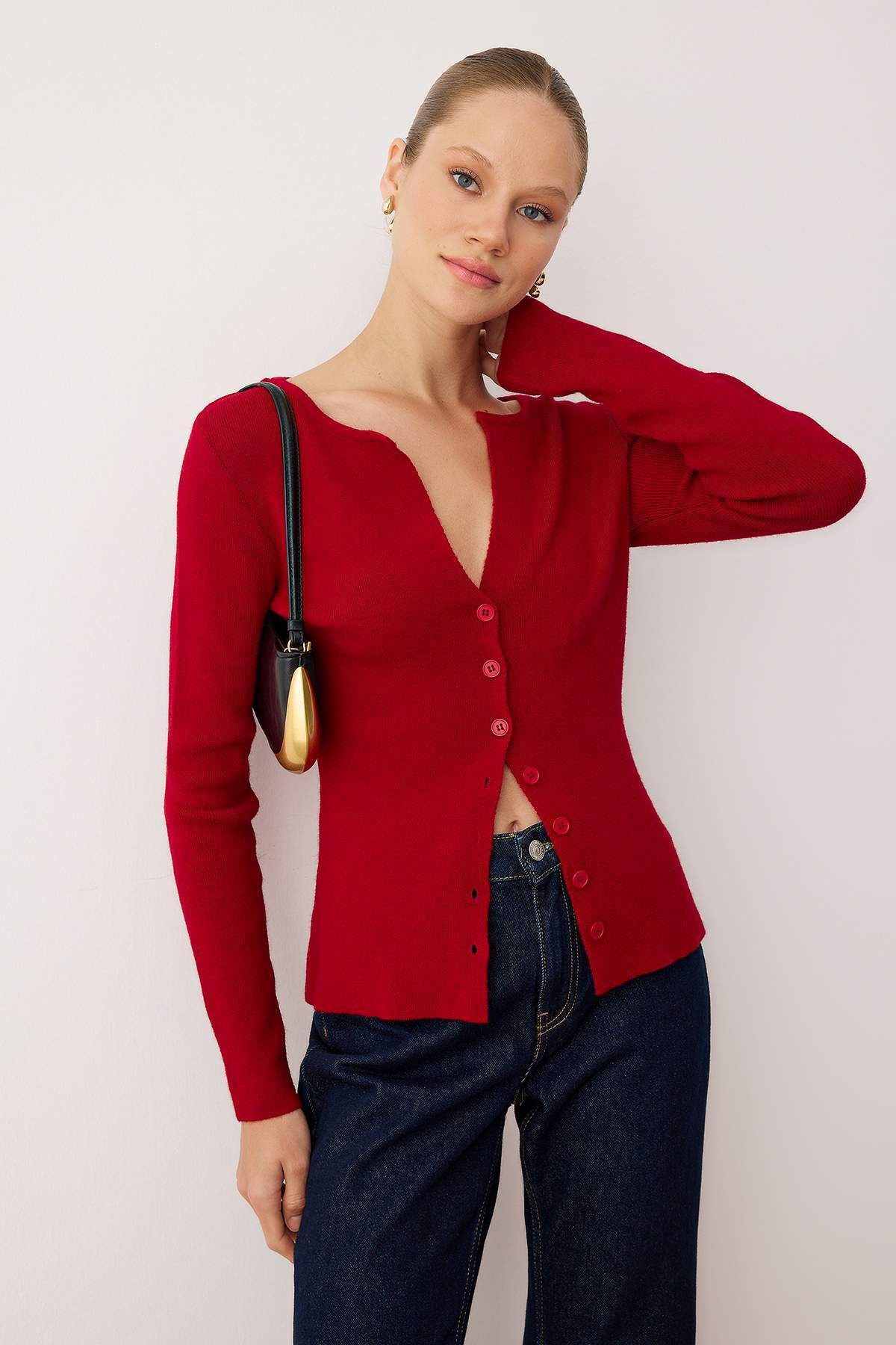 Trendyolmilla  Kırmızı Premium İplik/Özel İplik Fitted/Vücuda Oturan Yünlü Triko Hırka TWOAW26HI00046