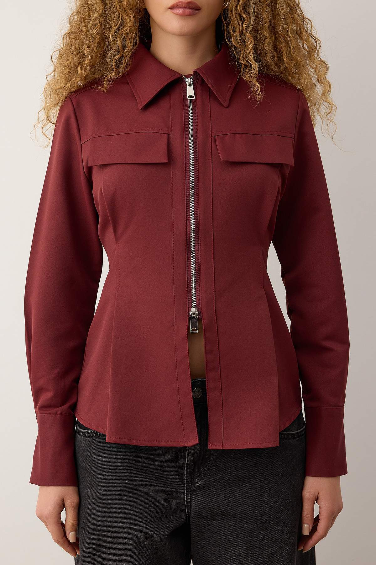 Trendyolmilla  Bordo Fermuar Detaylı Gömlek TWOAW26GO00044 - Görsel 3