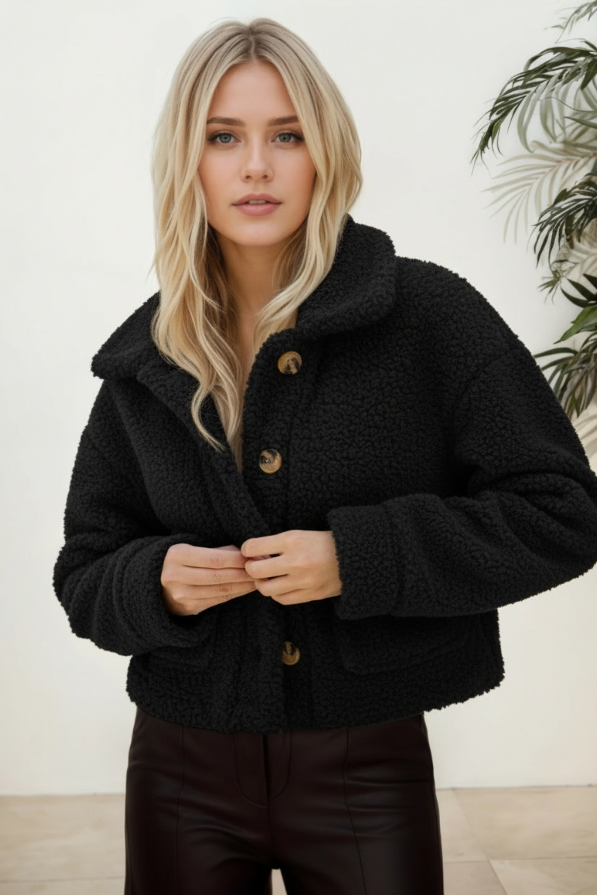 Plush Buttoned Wide Collar Jacket Black KS2543