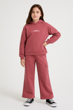 Divonette Kız Çocuk %100 Pamuk Kapüşonlu Geniş Paça Pembe Eşofman Takımı - Ço...