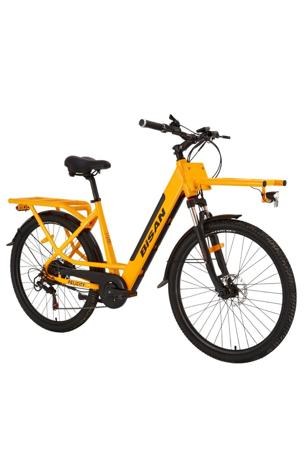 Bisan Felicity Elektrikli Bisiklet 50 Cm Disk Fren 27,5 Jant Shimano Tourney 7 Vites 55 Km Menzil Cat Sarı