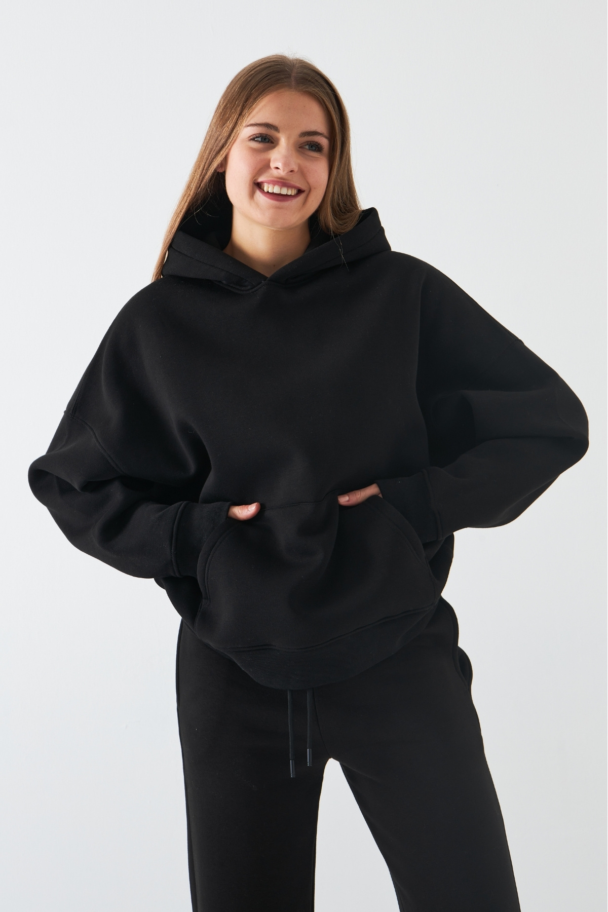 The Champ Clothing Unisex Oversize Sweatshirt Hoodie Basic Siyah, Kapüşonlu, Kanguru Cep, 3 İplik Şardonlu görsel 3