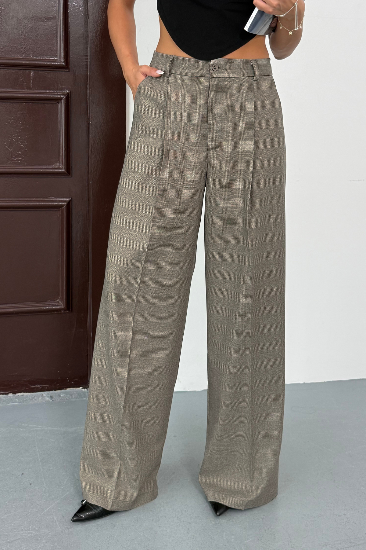 Ortaya Çık Mink Plaid Single Pleated Palazzo Pants- Trendyol
