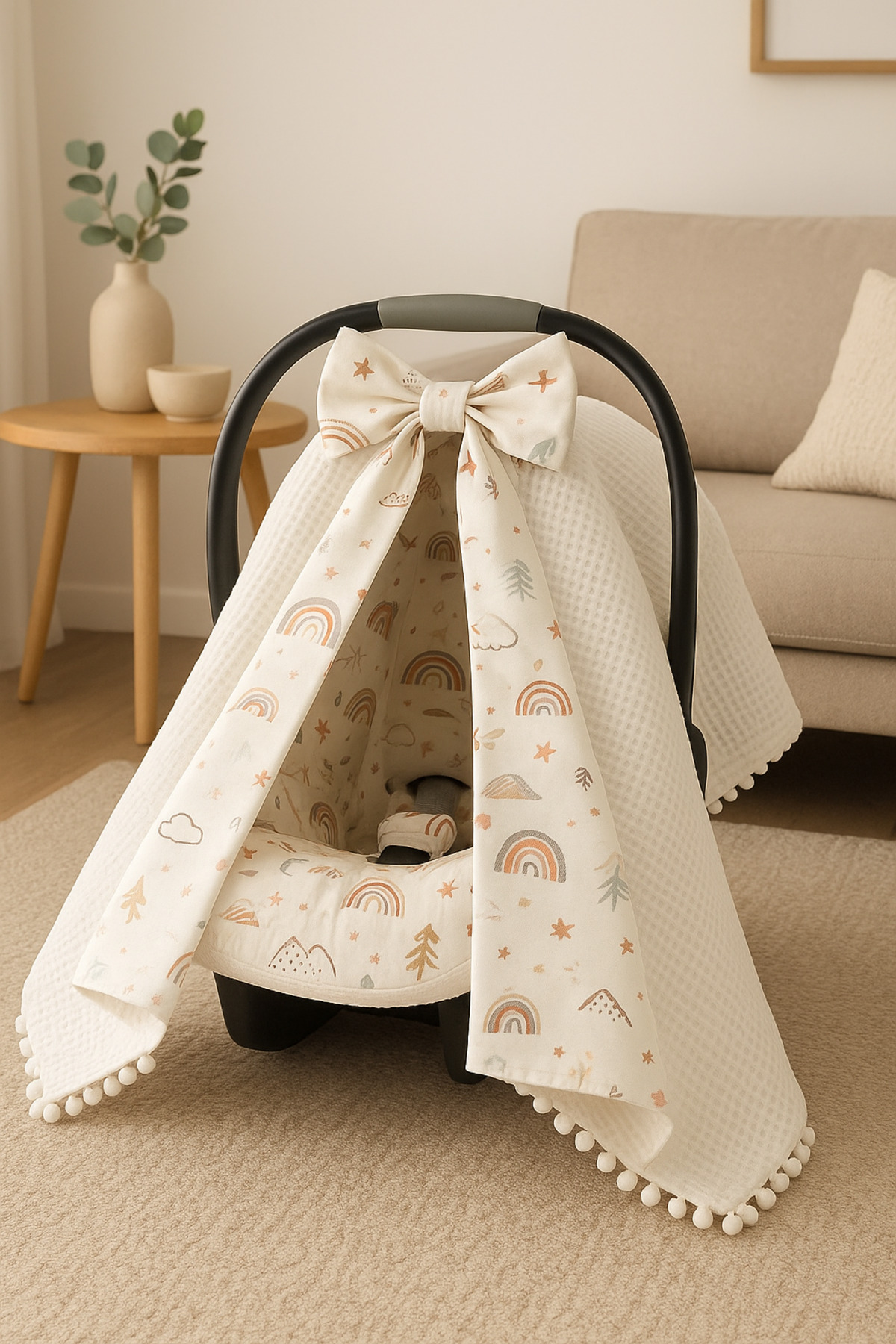 Azra design TEK Puset Örtüsü %100 Pamuk Çift Katlı Gökkuşağı Müslin ve Beyaz Pike Kumaştan Fiyonklu