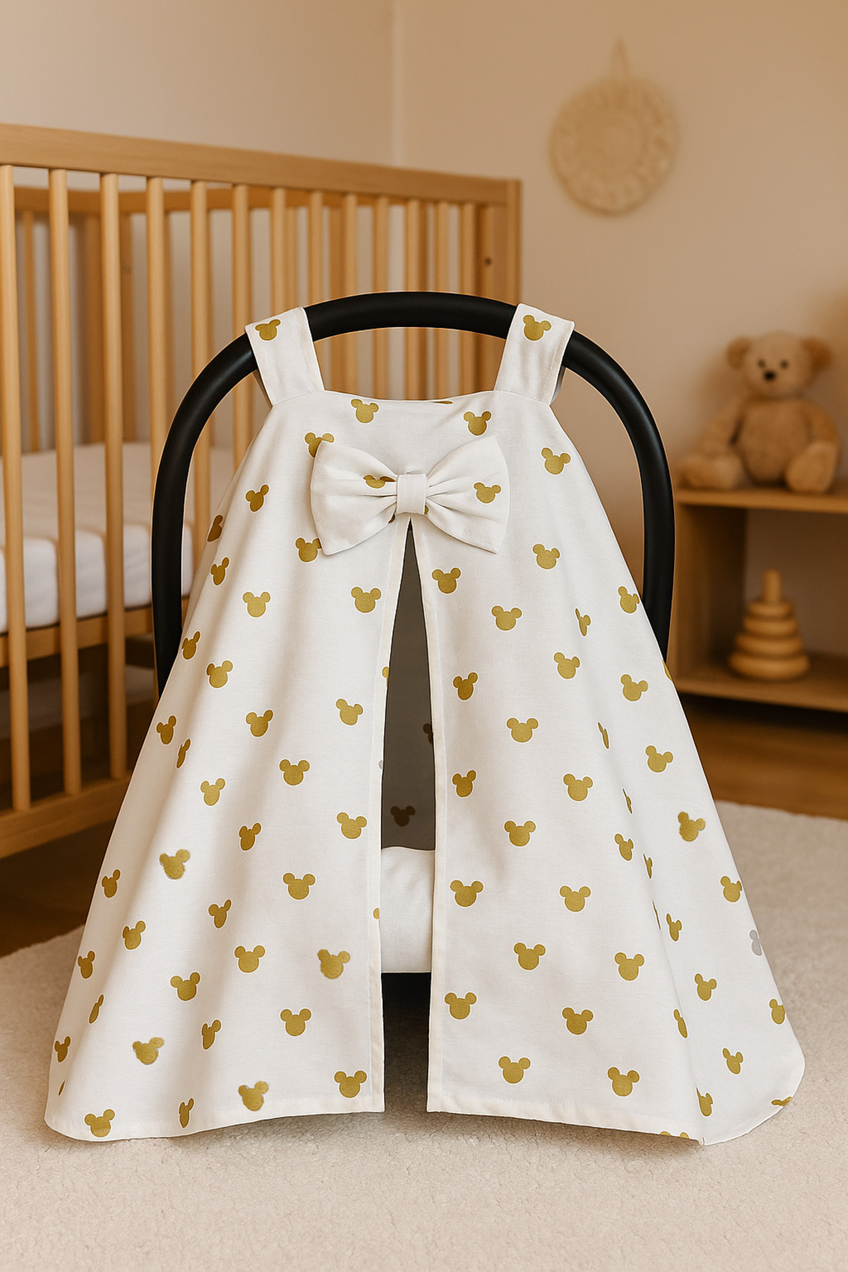 BeygeBaby %100 Pamuktan Mickey'li Poplin Kumaştan Mevsimlik Puset Örtüsü