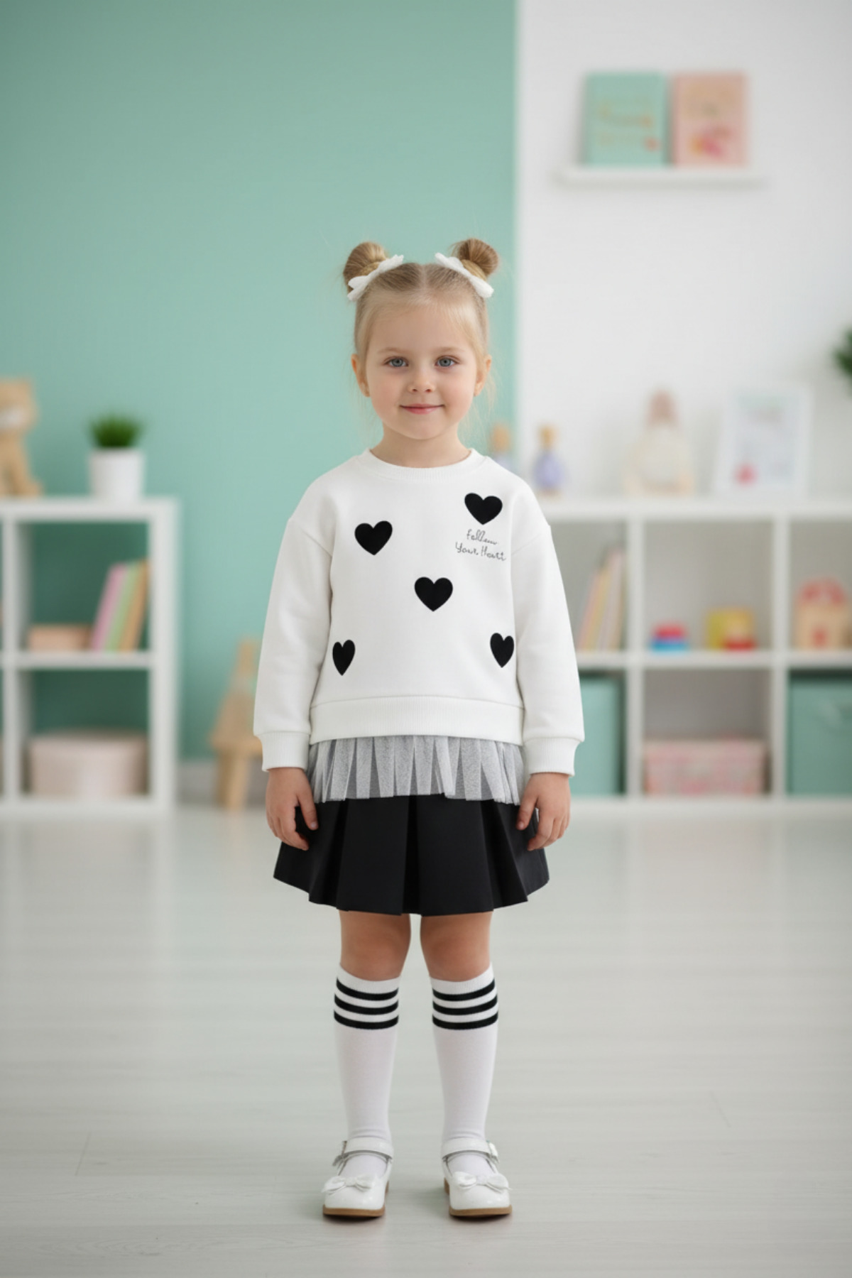 Crew Neck Heart Printed Ecru-Black Color Girls Skirt Set