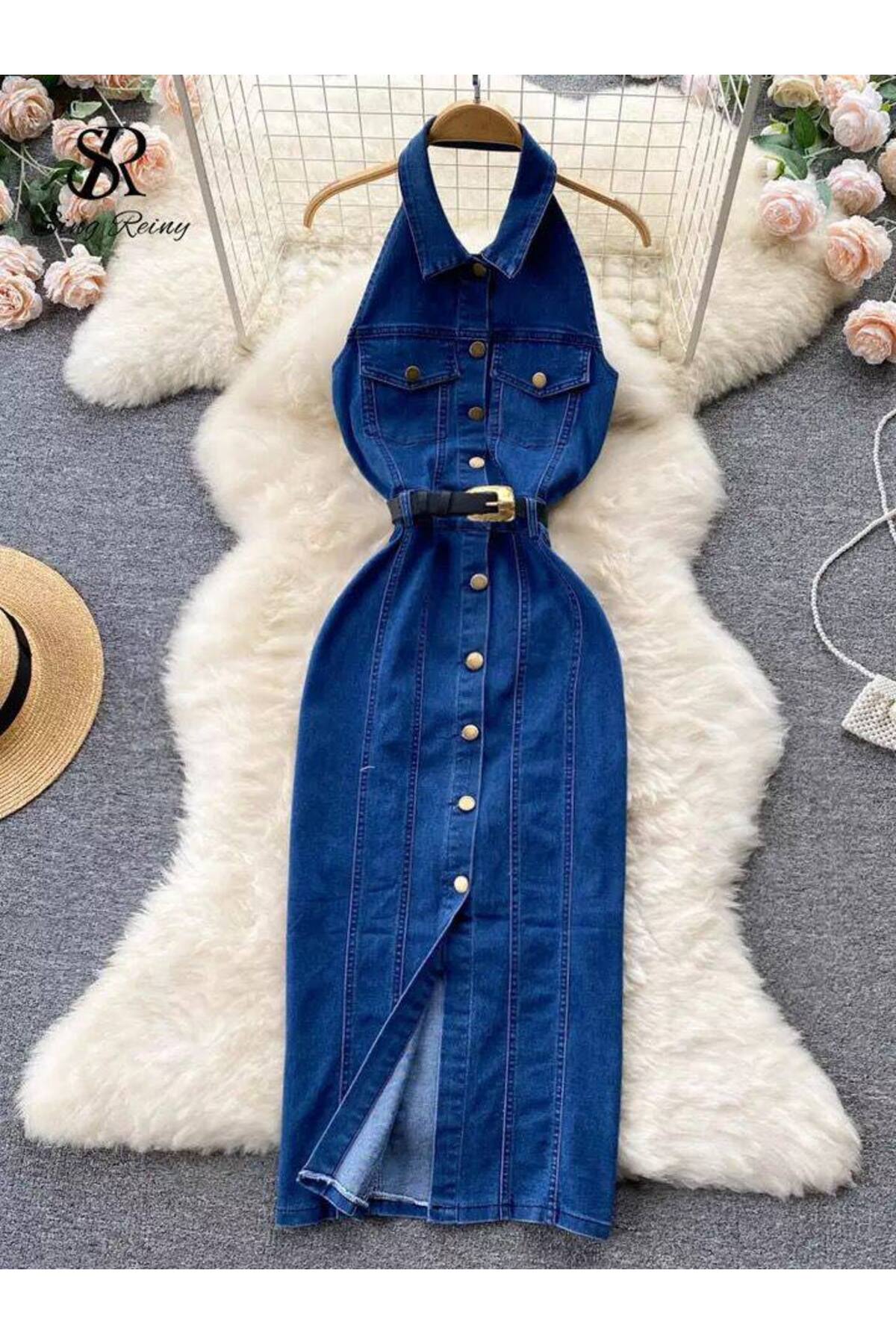 rengastyle Ženska traper haljina sa niskim ovratnikom i otvorenim leđima, jed...