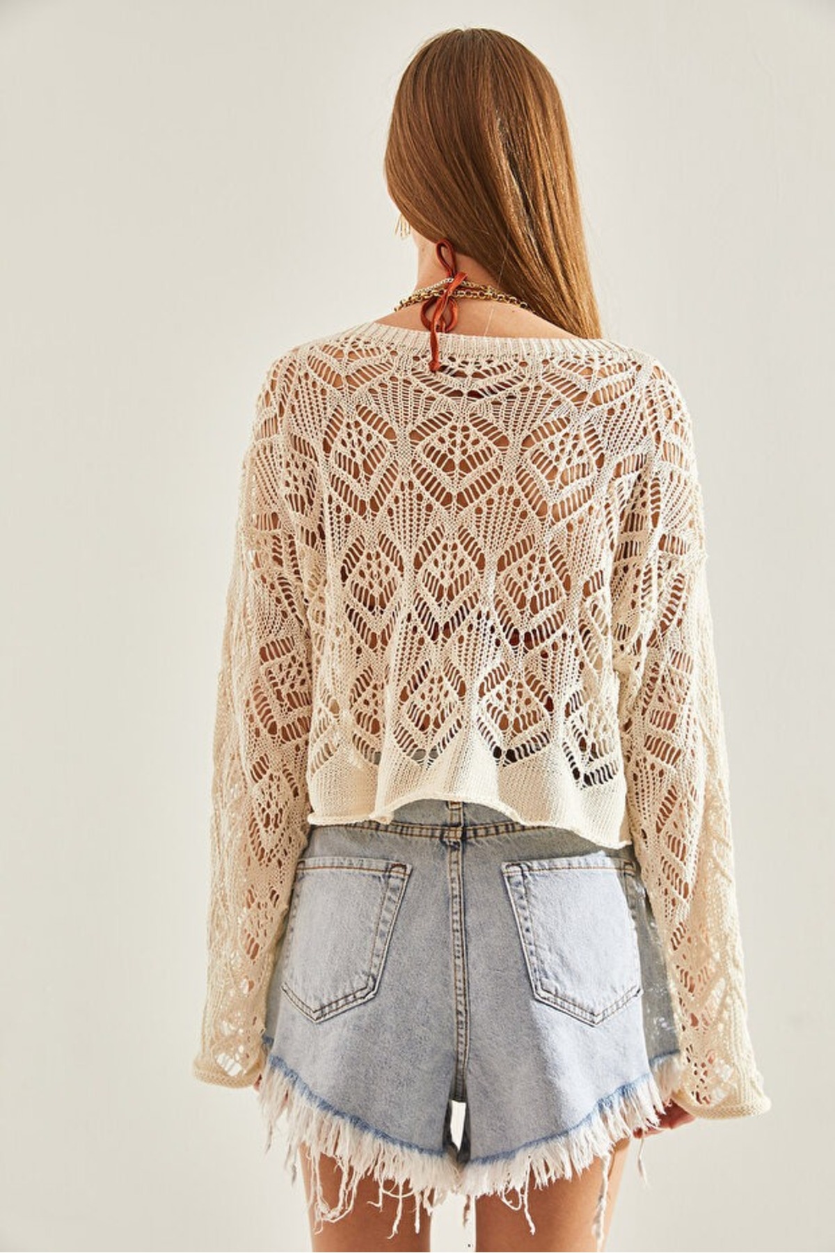 Cloudy Kids  Kadın Ajurlu Crop Triko Kazak - Görsel 2