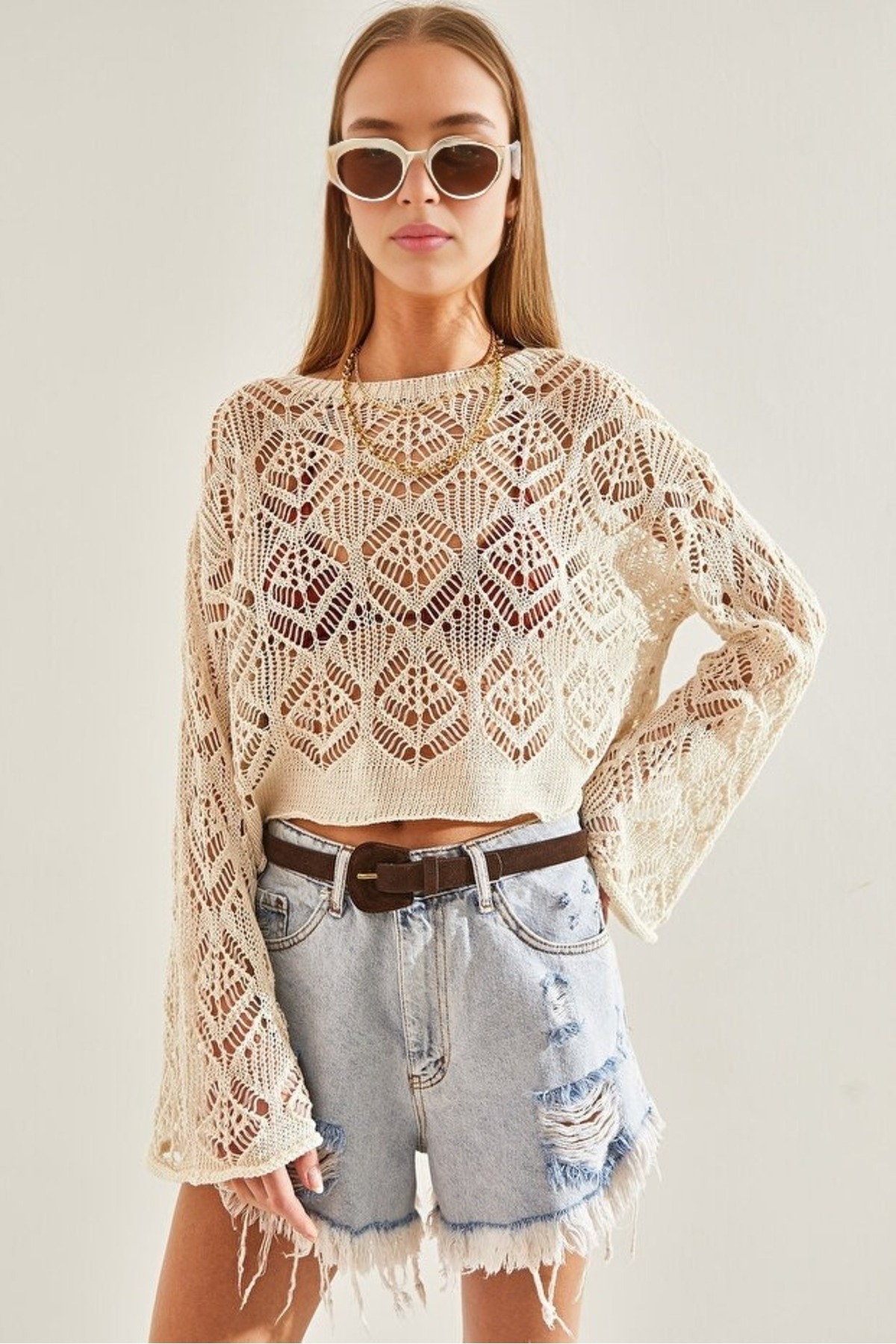 Cloudy Kids  Kadın Ajurlu Crop Triko Kazak - Görsel 4