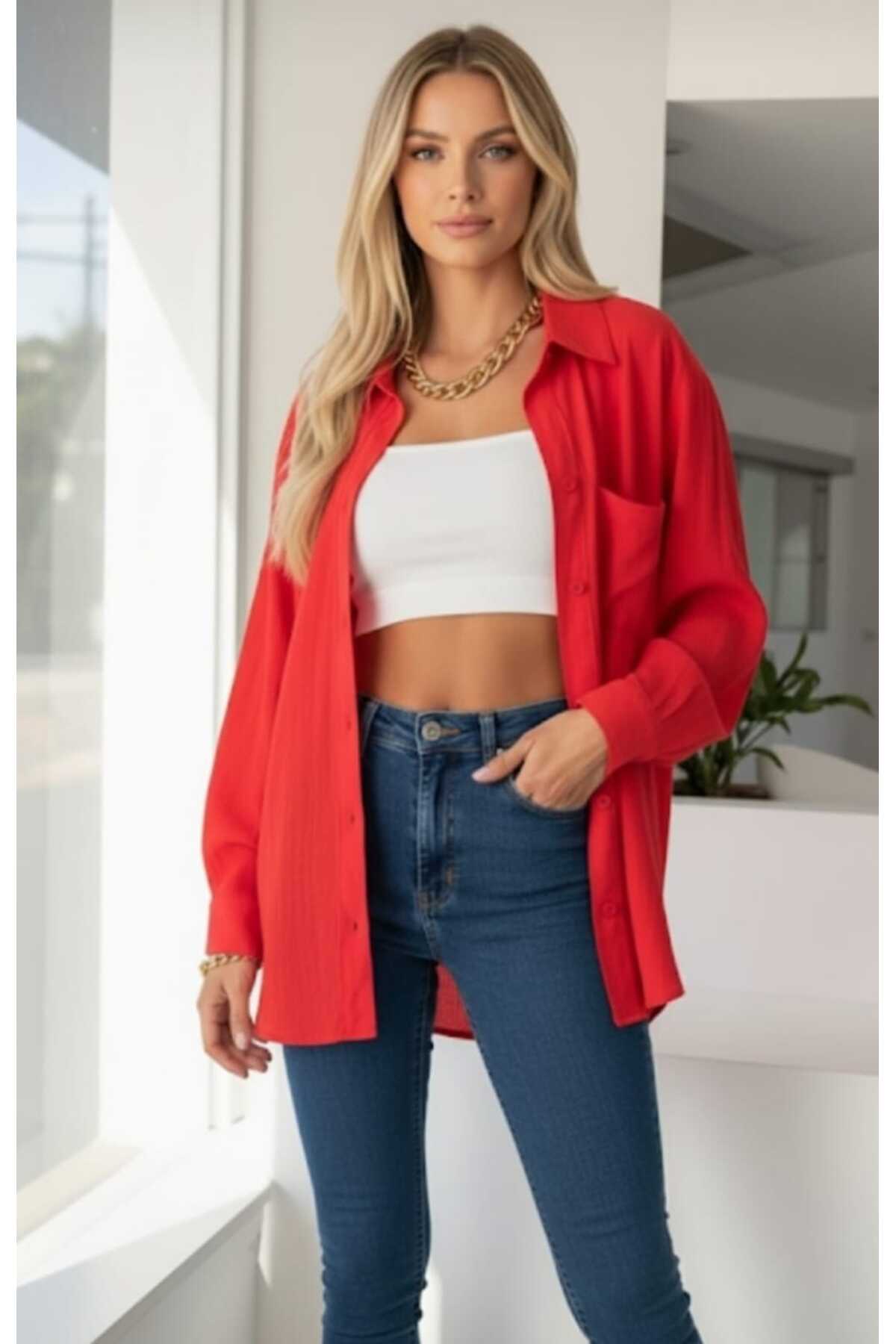 blackbonds  Kadın Keten kırmızı Gömlek Yazlık Oversize Gömlek Yeni Sezon - Görsel 4
