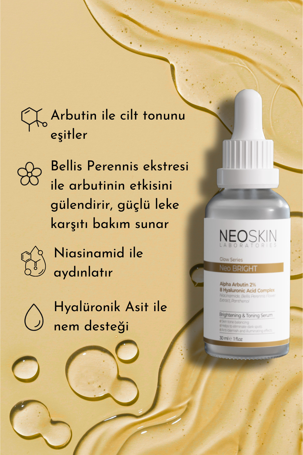Neo Brıght-leke Karşıtı, Cilt Tonu Eşitleyici, Aydınlatıcı Premium Serum (ARBUTİN %2 HA NİACİNAMİDE) — NE001 — تصویر 5 از 6