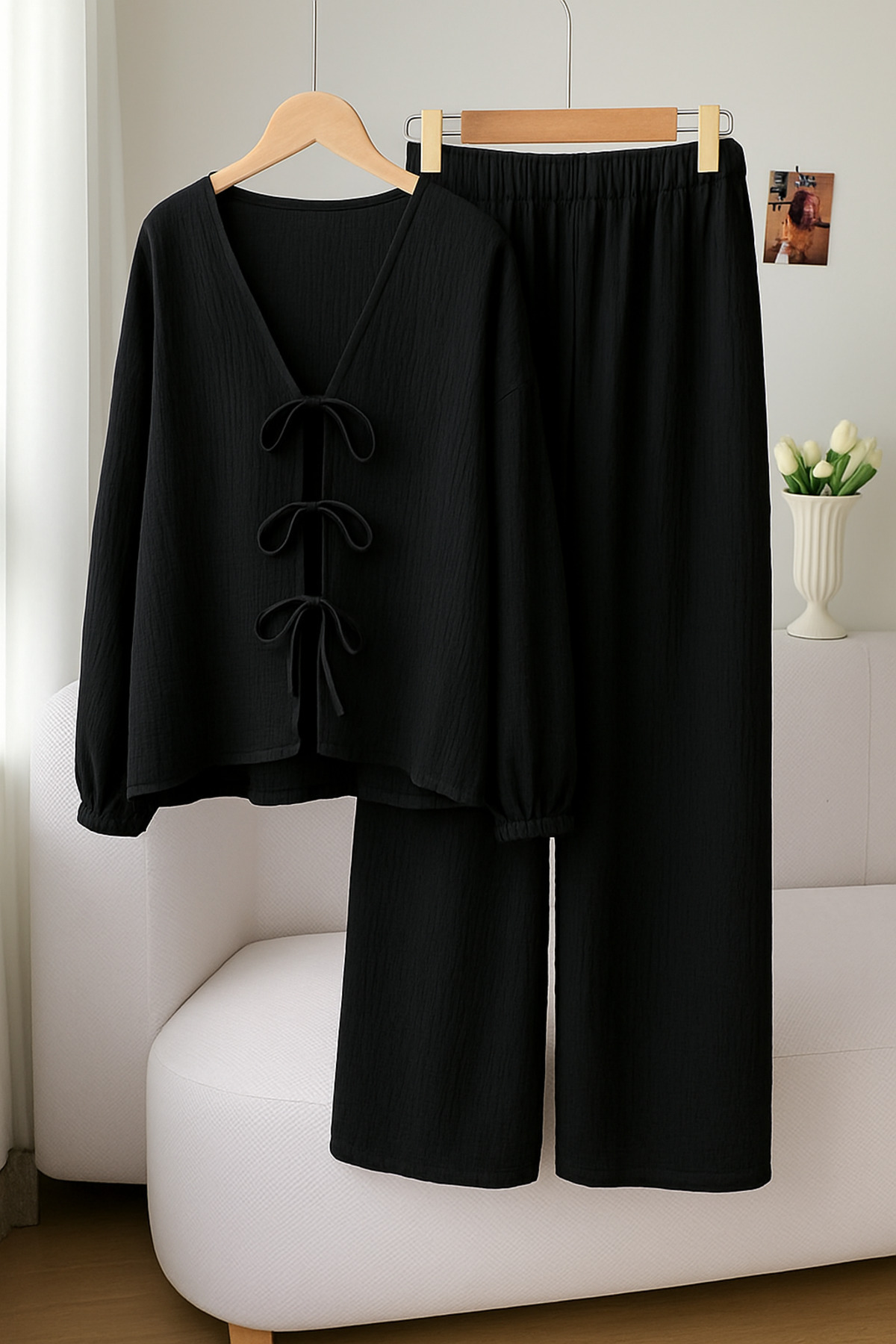 black lace up front long sleeve shirt and trousers top and bottom set