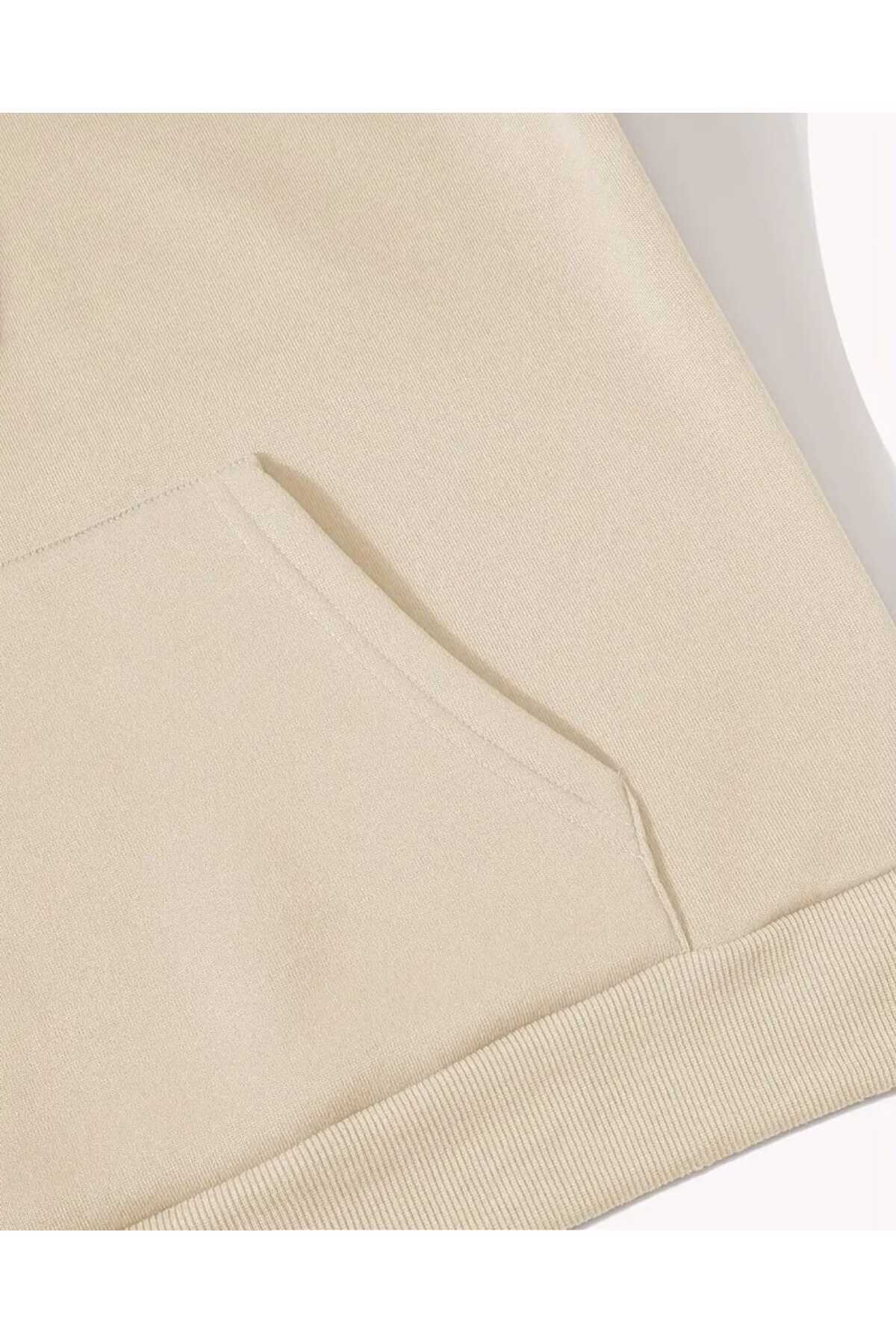 caddekombin  Couple Cat Baskılı Kapüşonlu Cepli Pamuklu Bej Sweatshirt - Görsel 5