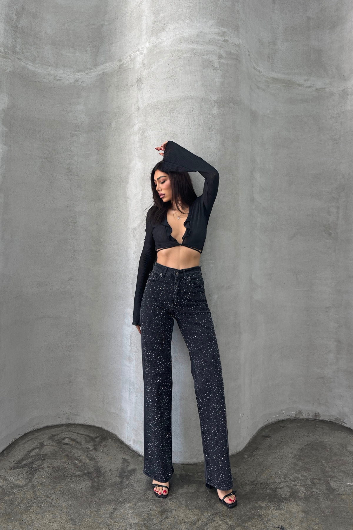 XRAY JEANS Női Stoned széles szárú fekete Palazzo farmernadrág