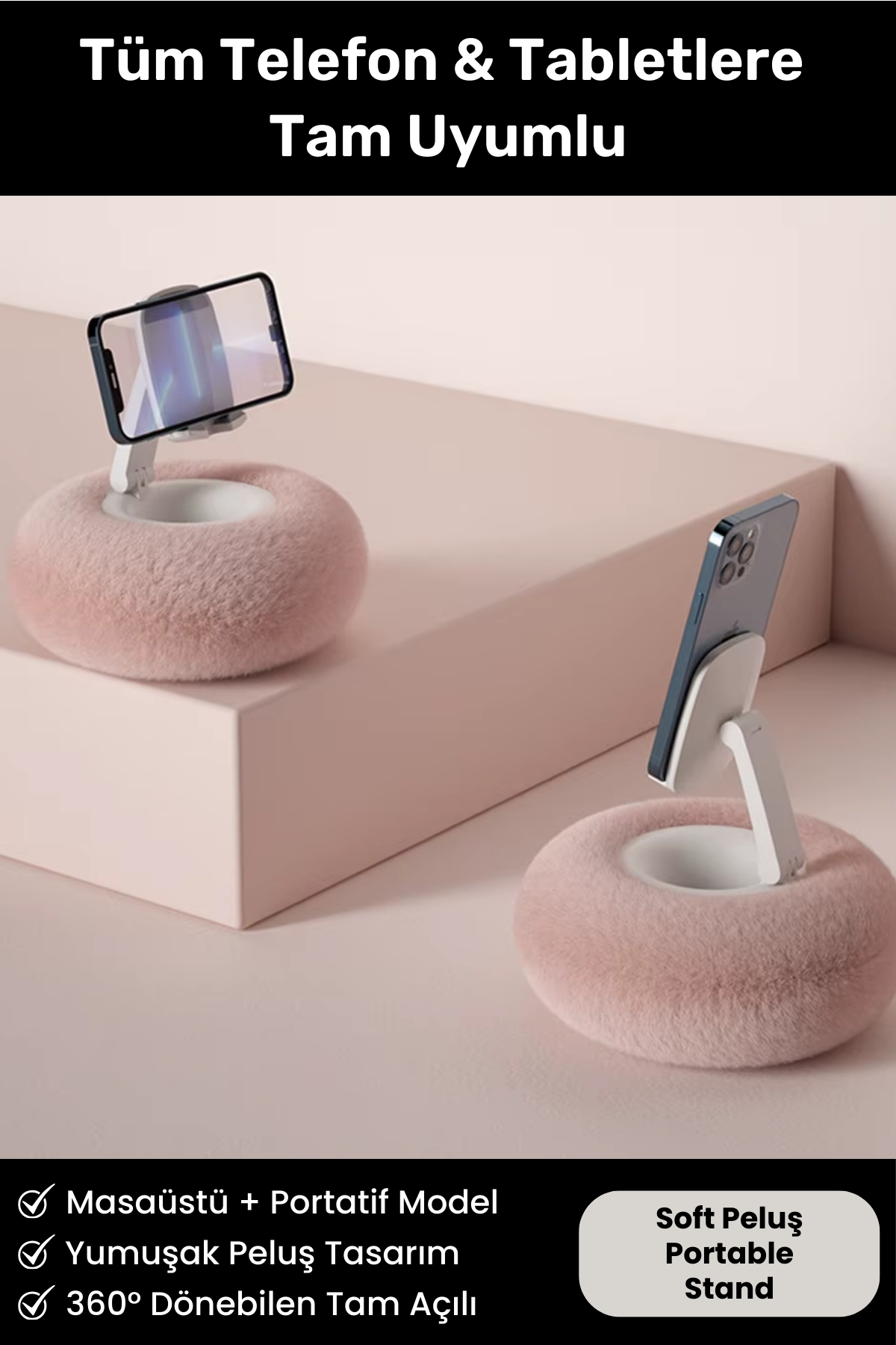 Peluş Yastık 360 Derece Rotasyon Yükseklik ve Açı Ayarlanabilir Telefon & Tablet Tutucu Şık Stand