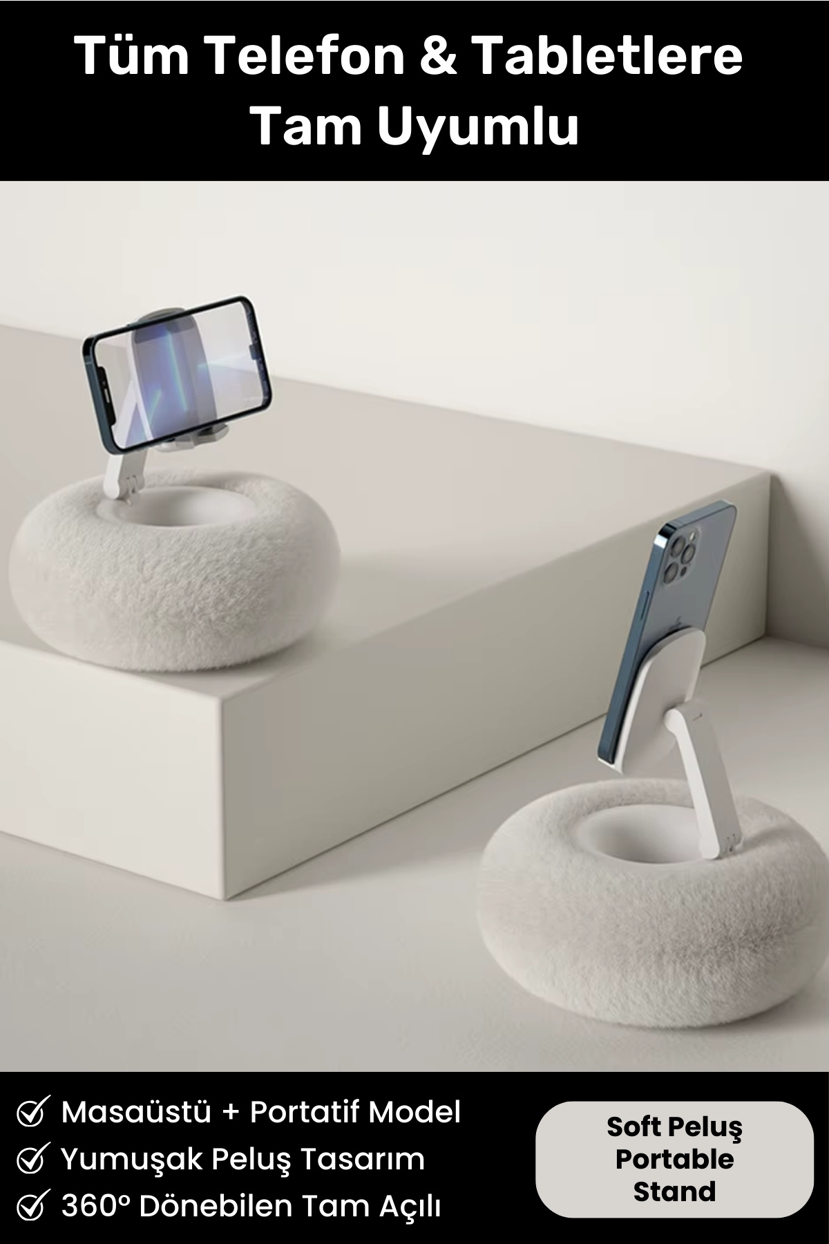 Peluş Yastık 360 Derece Rotasyon Yükseklik ve Açı Ayarlanabilir Telefon & Tablet Tutucu Şık Stand