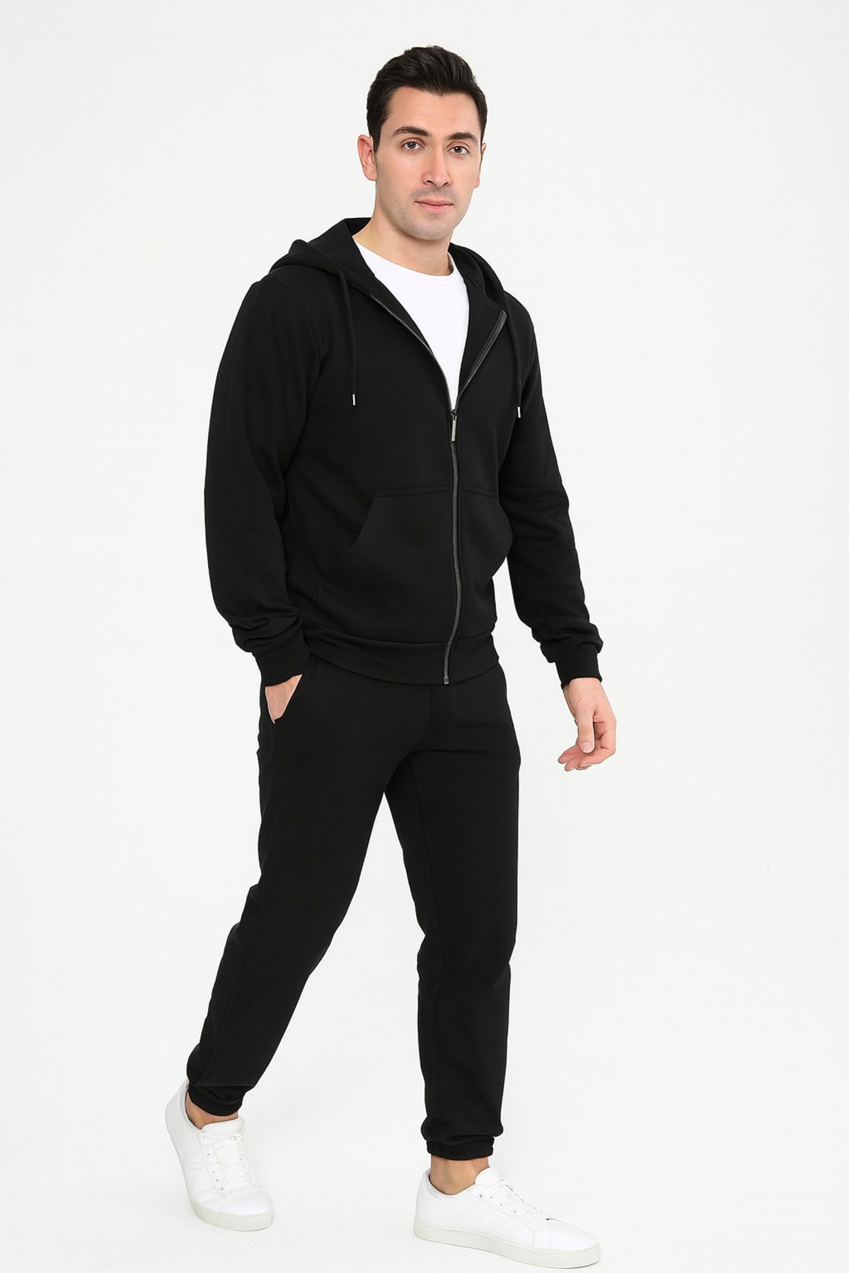 Trend Sizde Siyah Unisex Kapüşonlu Fermuarlı Sweatshirt Alt Üst Eşofman Takımı