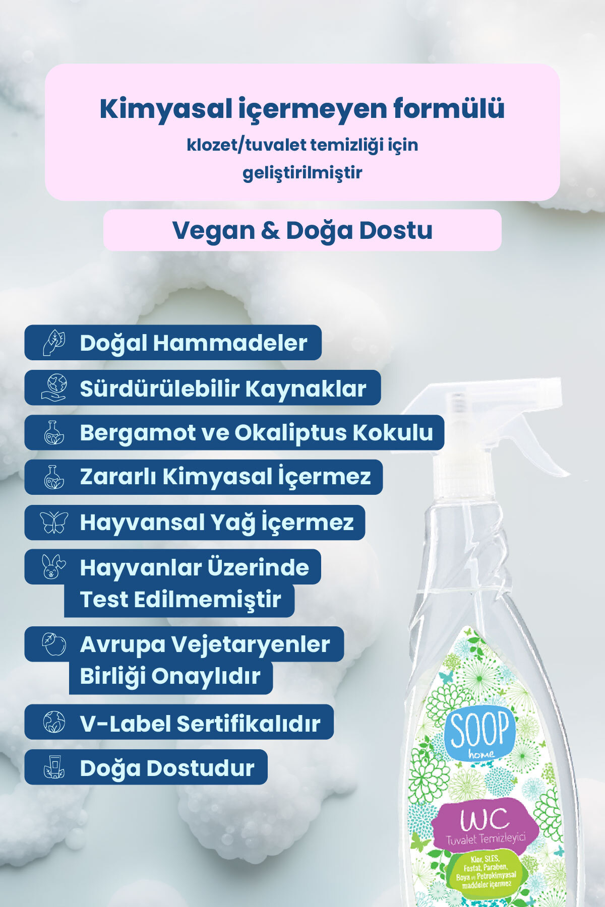 SOOP Tuvalet WC Klozet Kapağı Temizleyici Sprey 750 ml | Bitkisel Yağ Bazlı Sabun fotoğrafı 5 (önizleme)