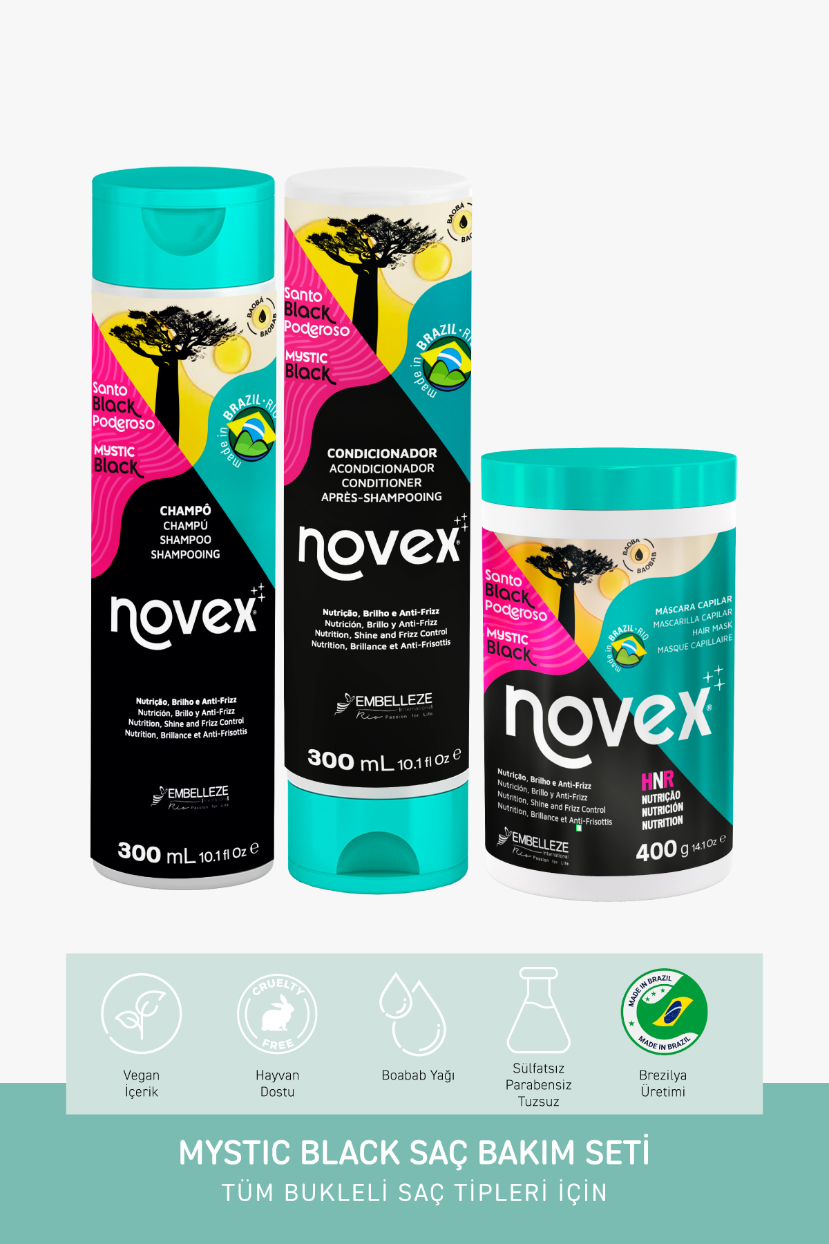 NOVEX شامپو ترمیم کننده موی خشک و فر میستیک بلک - 300 میلی لیتر + نرم کننده 300 میلی لیتر + ماسک مو 400 گرم — 8761200037467