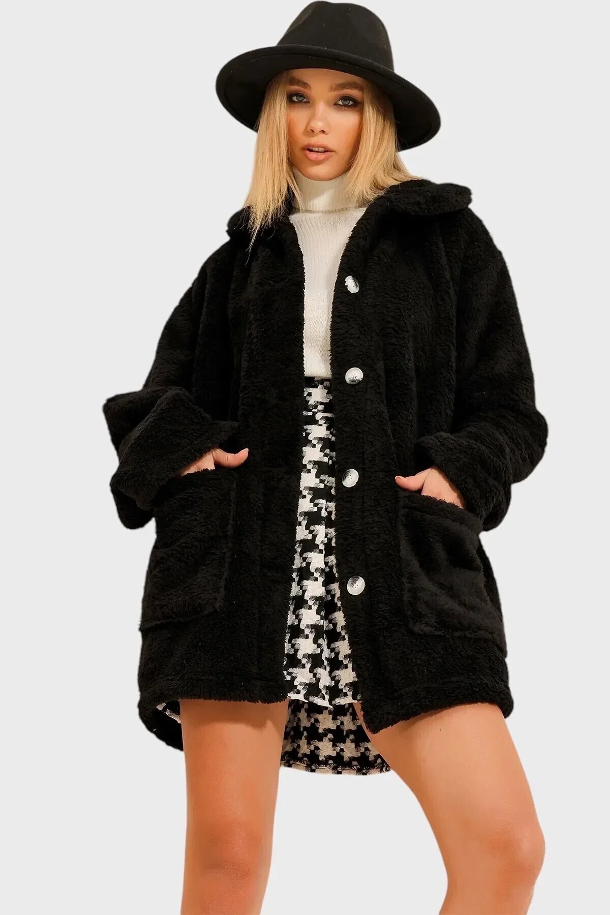 Black Front Buttoned Plush Coat 63 Cm