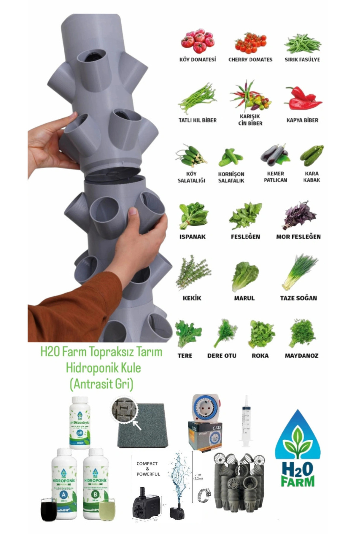 H20FARM Topraksız Tarım Kule Sistemi Hobi Seti- 50 Bitkilik Sera