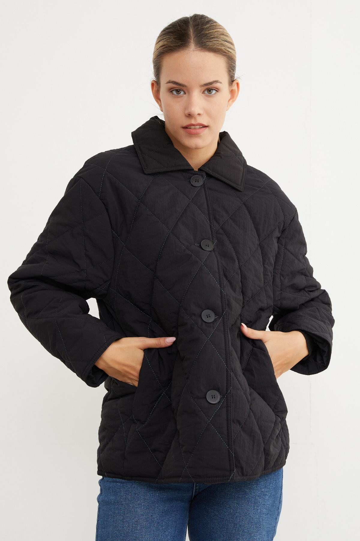 Fullamoda  Kapitone Desenli Oversize Düğmeli Mont - Görsel 2