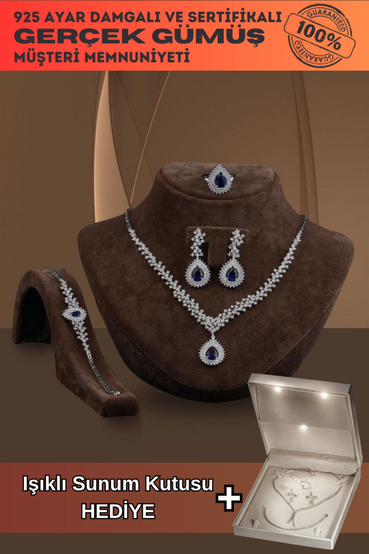 OSMANLI GÜMÜŞ Çise Safir Taşlı Gümüş Su Yolu Set - Kolye, Bileklik, Küpe, Yüzük Işıklı Kutuda