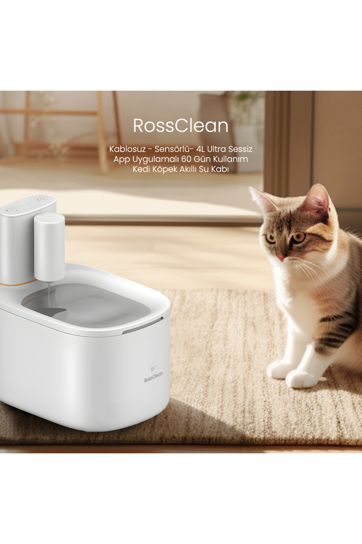 RossClean Kablosuz -Sensörlü-4L Ultra Sessiz-60gün Kullanım-App Uygulamalı Kedi Köpek Akıllı Su Kabı fotoğrafı 7 (önizleme)