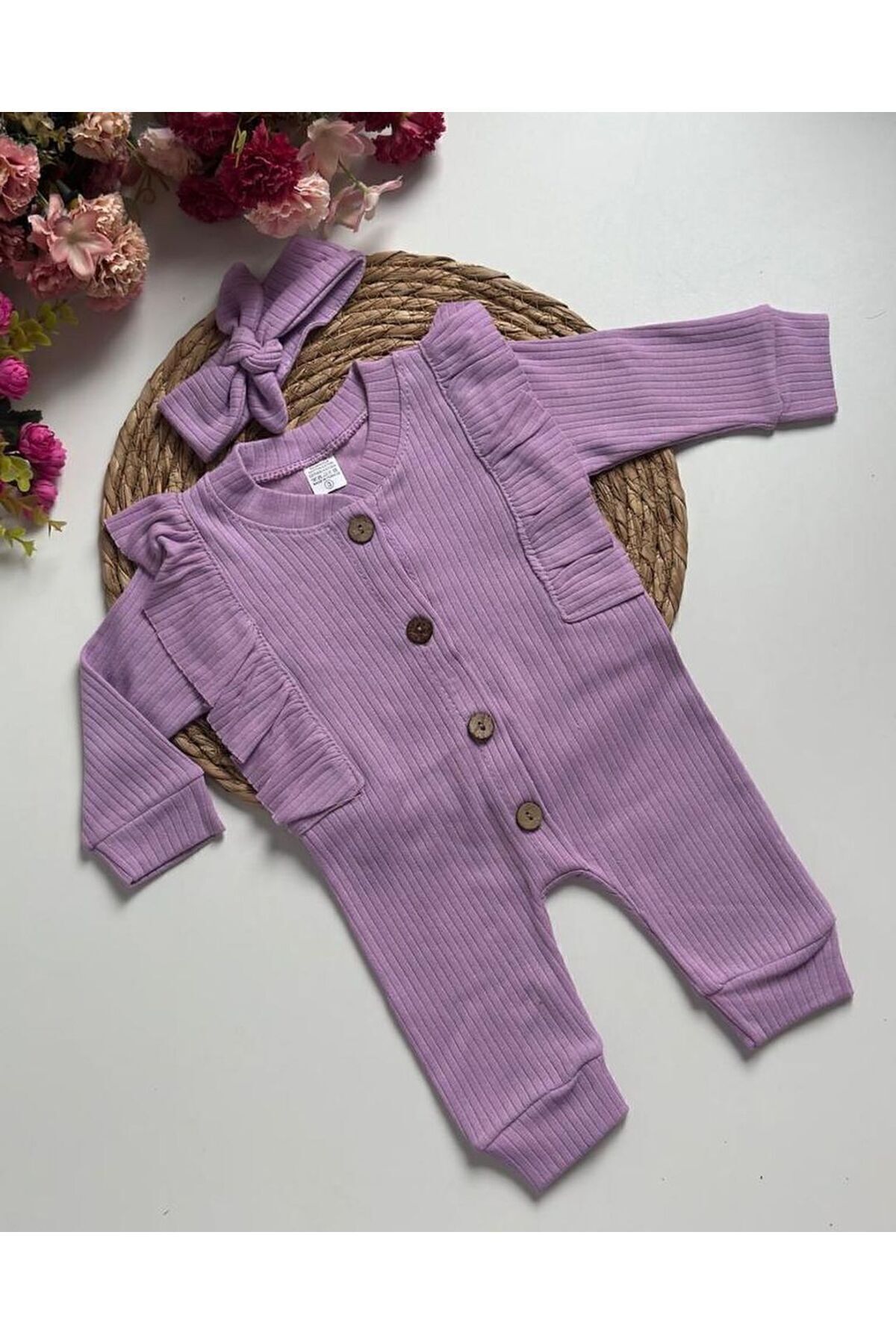 MBK GARDEN Fırfırlı Ribana Mevsimlik Bebek Tulum - Bandanalı Yenidoğan/3/6/9 Ay fotoğrafı 2 (önizleme)