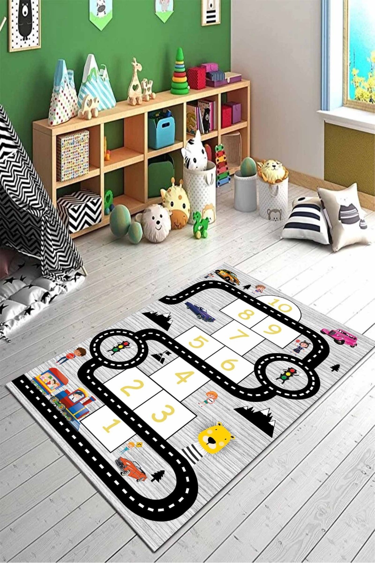 Gökotta Araba Yollu Trafik Yolu Eğitici Seksek Oyun Halısı Dijital Baskılı Kaymaz Taban Çocuk Odası Halısı