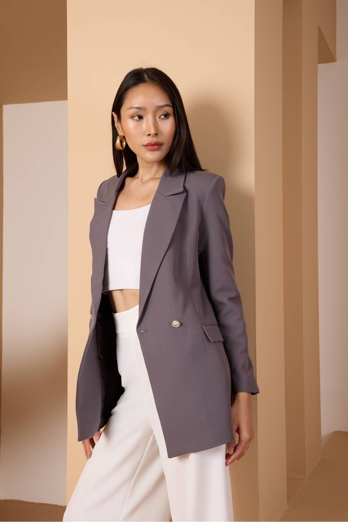 Dark Grey Oversize Woven Blazer Jacket