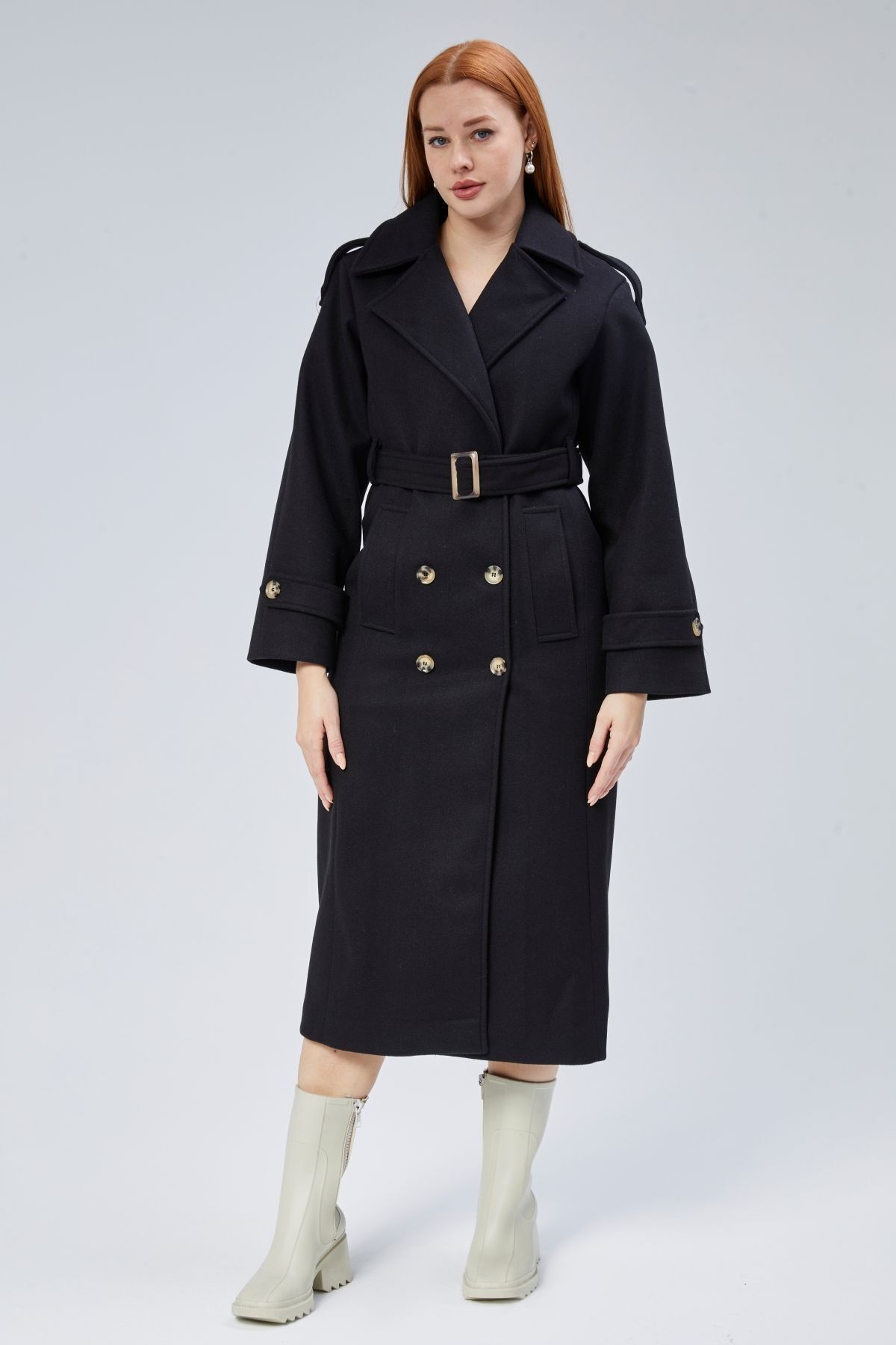 Bolivente  Siyah Regular Apolet Detaylı Kruvaze Kaşe Kaban - Görsel 2