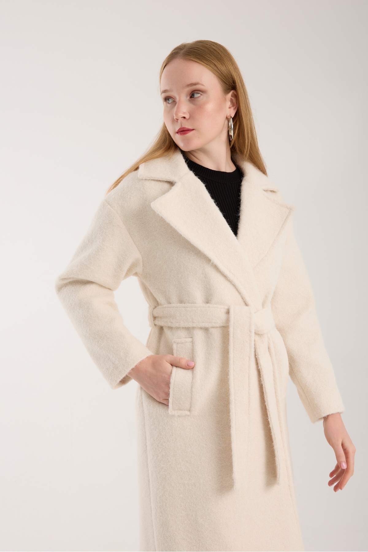 Bolivente  Ekru Buklet Kaşe Oversize Kaban - Görsel 2