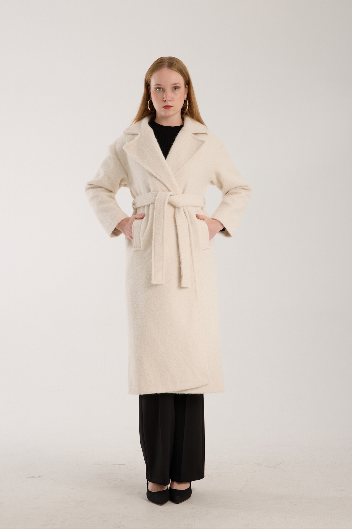 Bolivente  Ekru Buklet Kaşe Oversize Kaban