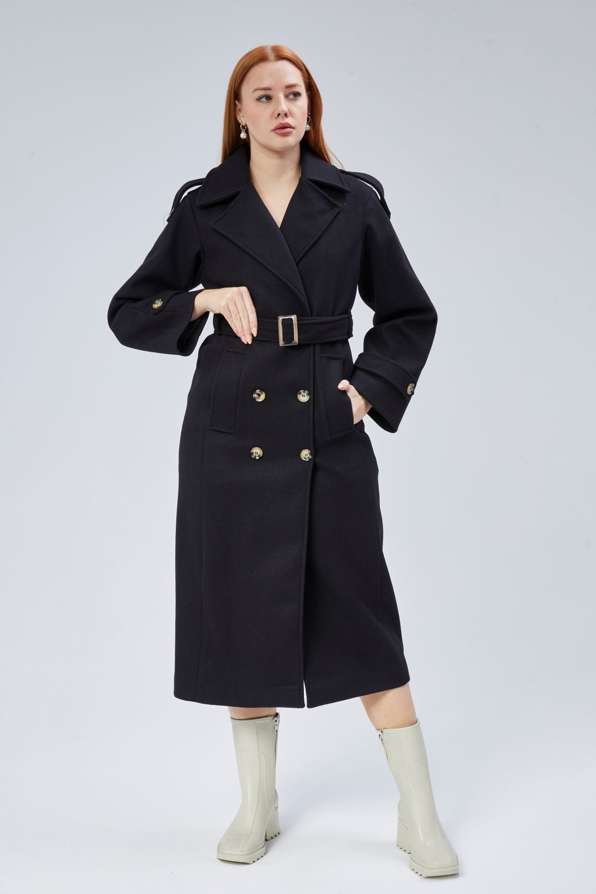 Bolivente  Siyah Regular Apolet Detaylı Kruvaze Kaşe Kaban - Görsel 3