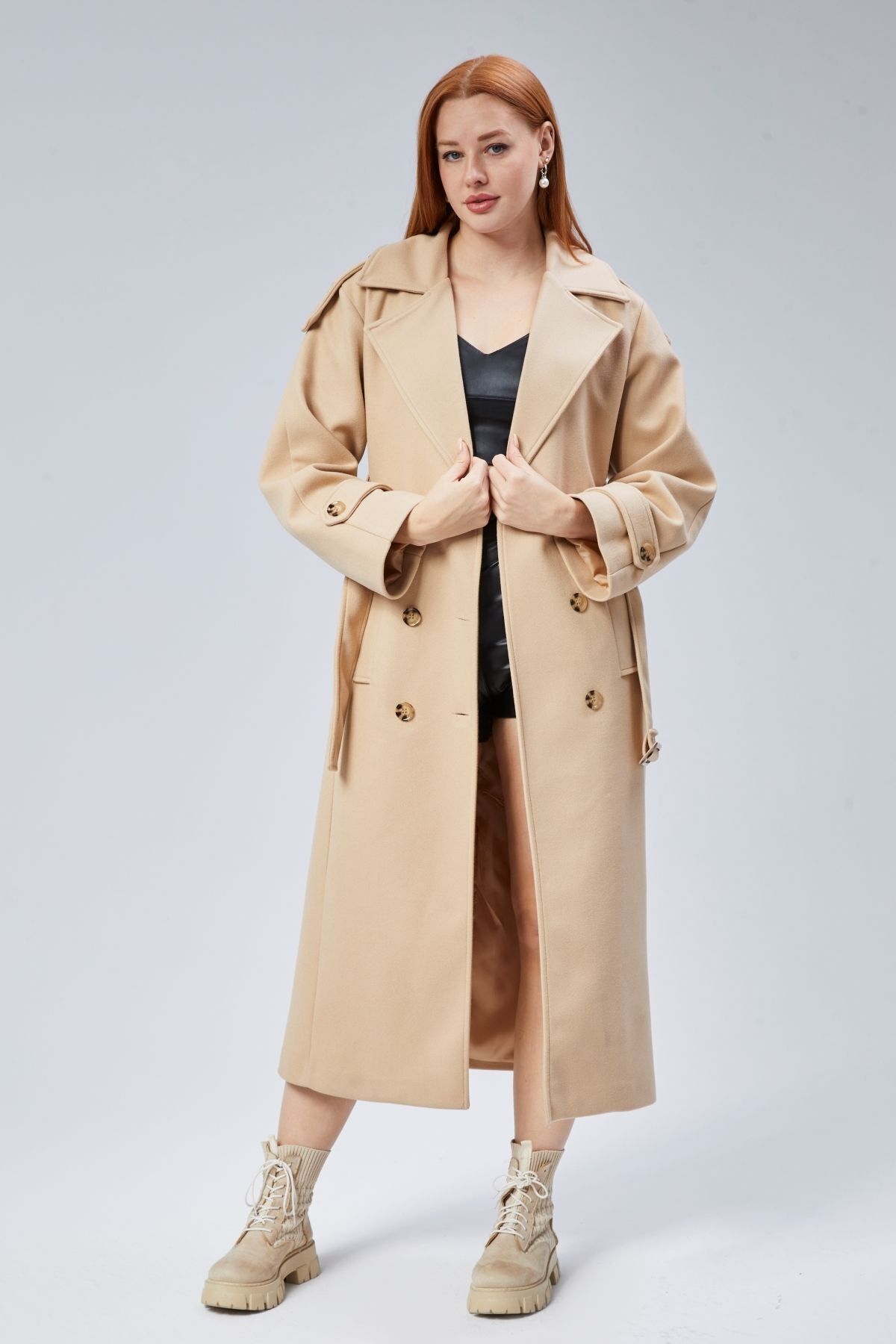 Bolivente  Camel Regular Apolet Detaylı Kruvaze Kaşe Kaban - Görsel 8