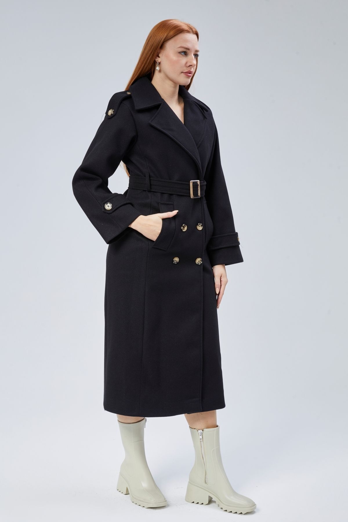 Bolivente  Siyah Regular Apolet Detaylı Kruvaze Kaşe Kaban - Görsel 6