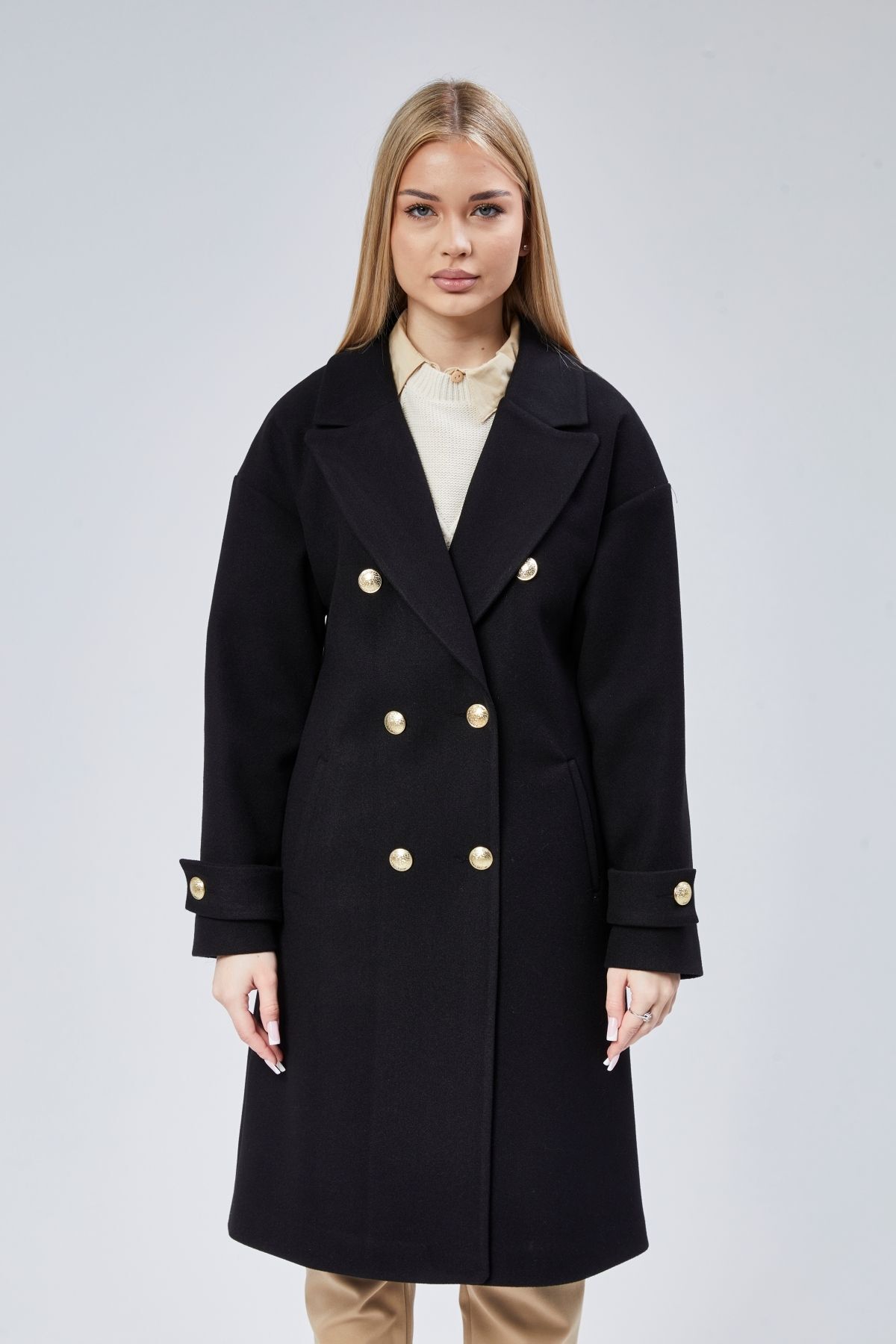 Bolivente  Kadın Kruvaze Yaka Düğme Detaylı Kaban - Görsel 3