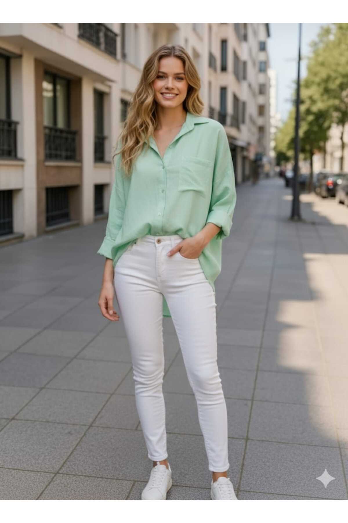 blackbonds  Kadın Keten mint yeşili Gömlek Yazlık Oversize Gömlek Yeni Sezon - Görsel 6