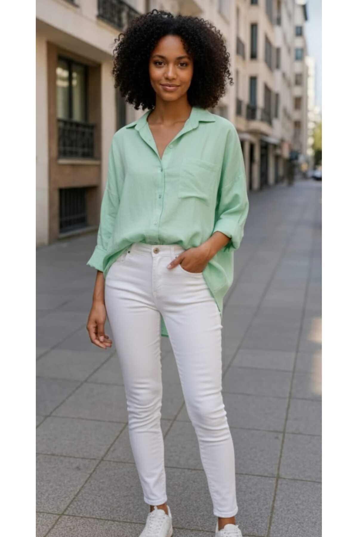 blackbonds  Kadın Keten mint yeşili Gömlek Yazlık Oversize Gömlek Yeni Sezon - Görsel 3
